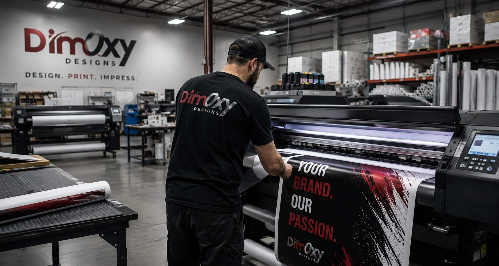 DimOxy Designs wide-format production with Your Brand, Our Passion banner