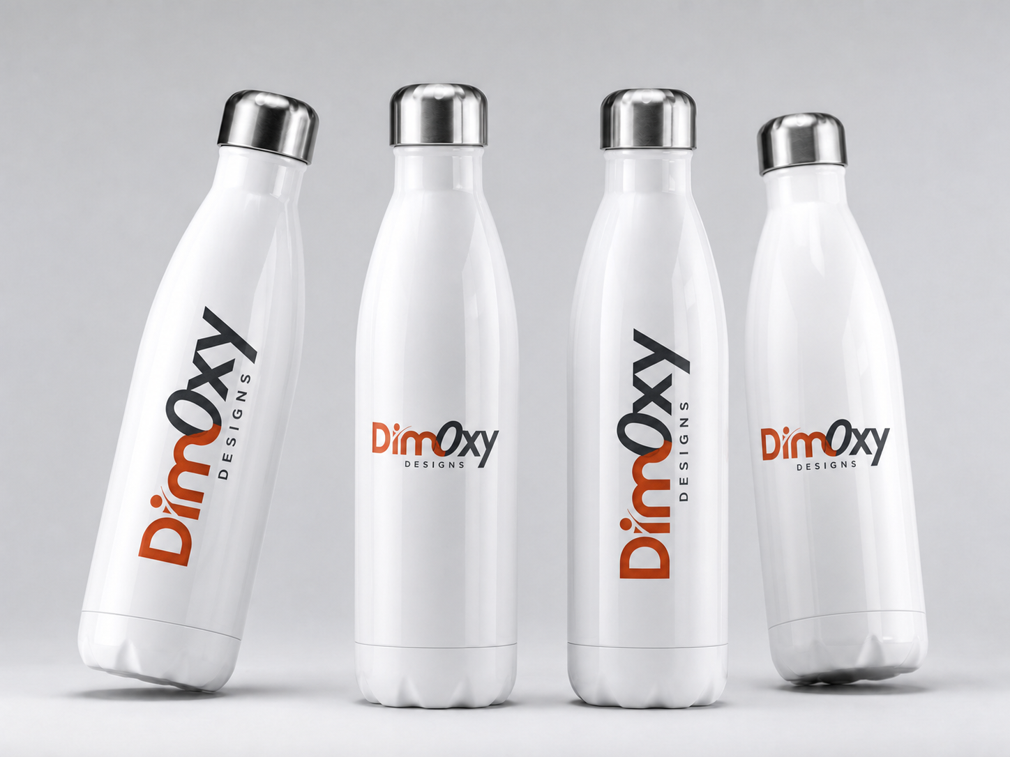 White stainless steel bottles branded with the DimOxy Designs logo
