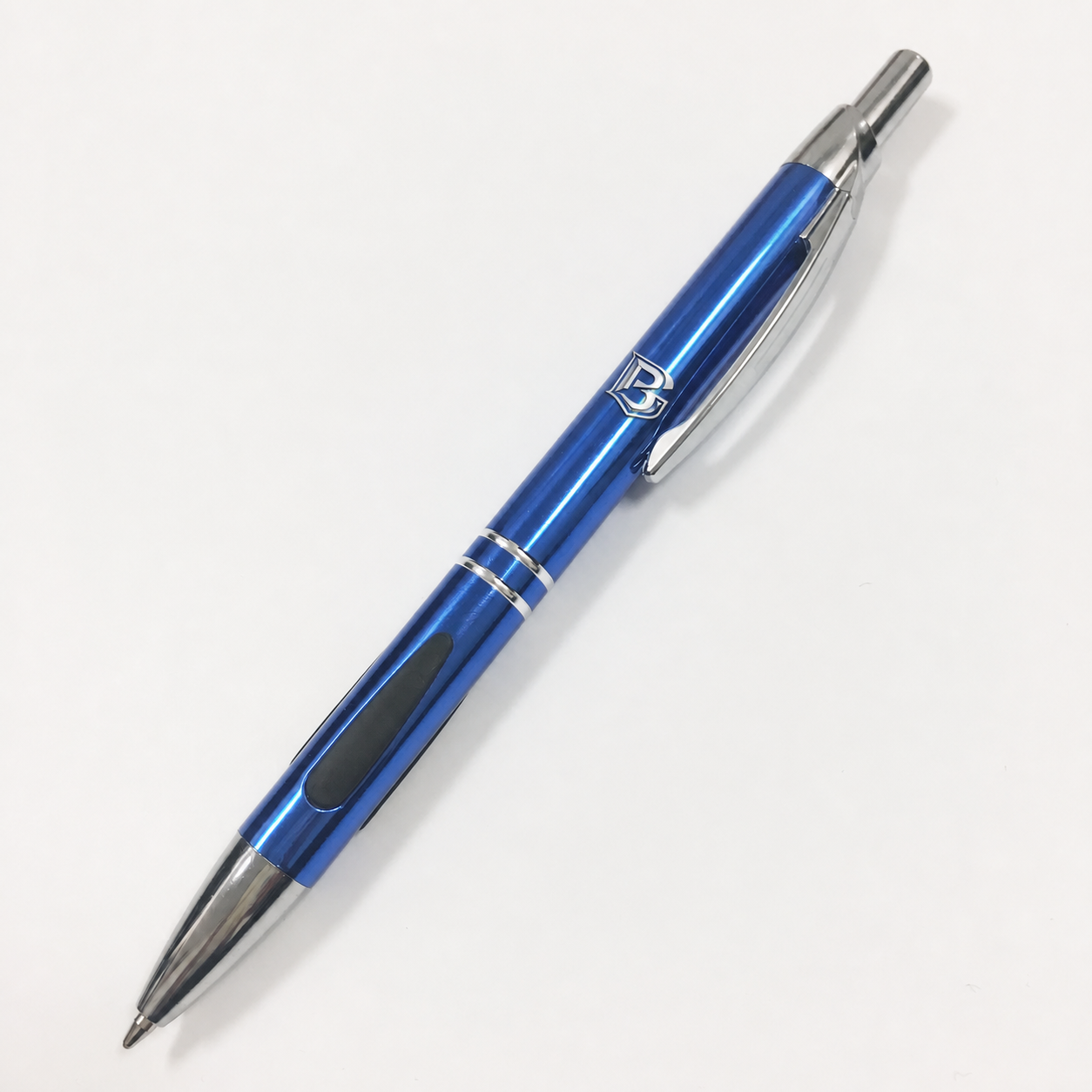 Blue metal ballpoint pen branded with the Black Glass BG logo