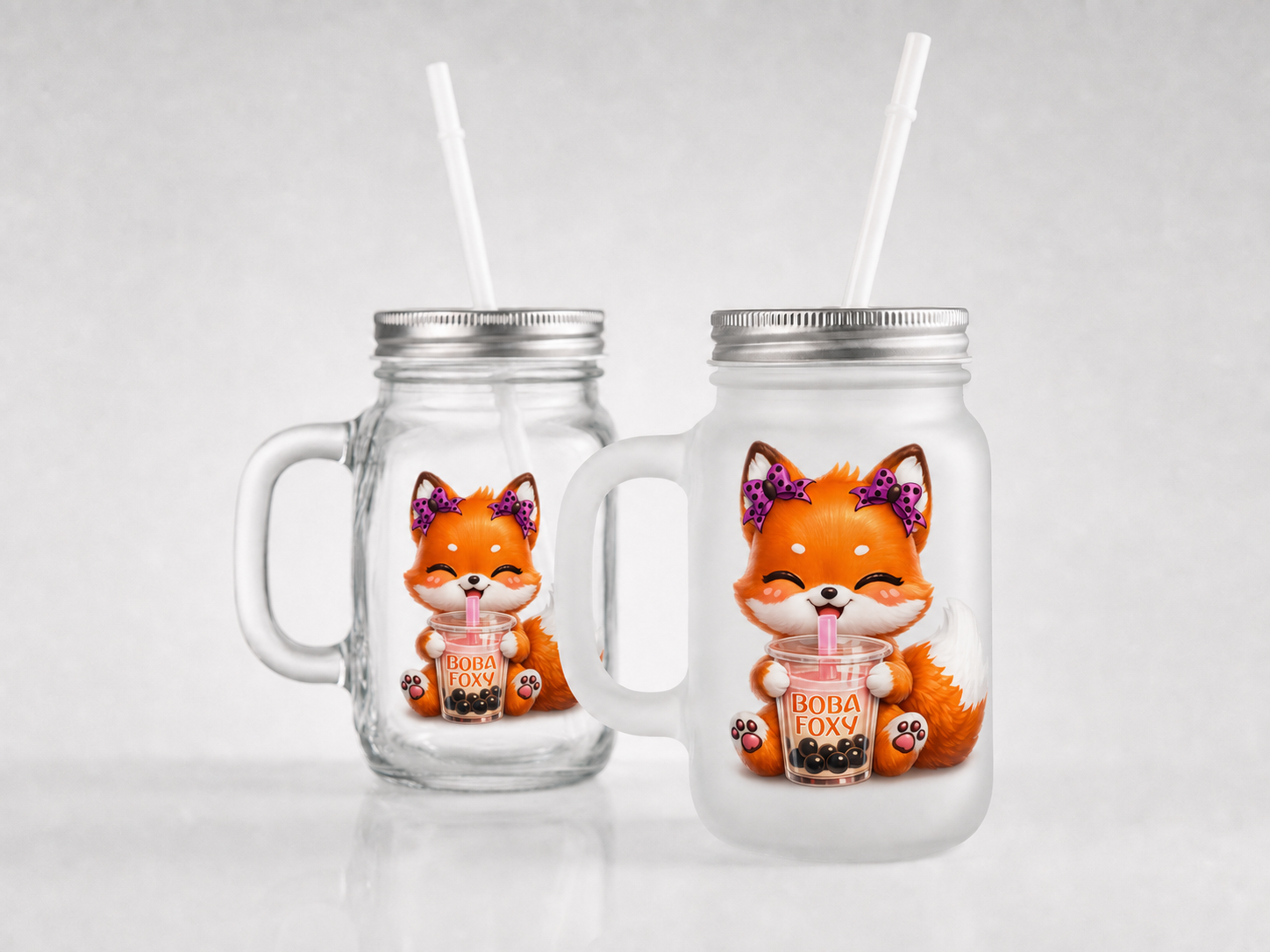 Clear and frosted mason jars branded with Boba Foxy artwork