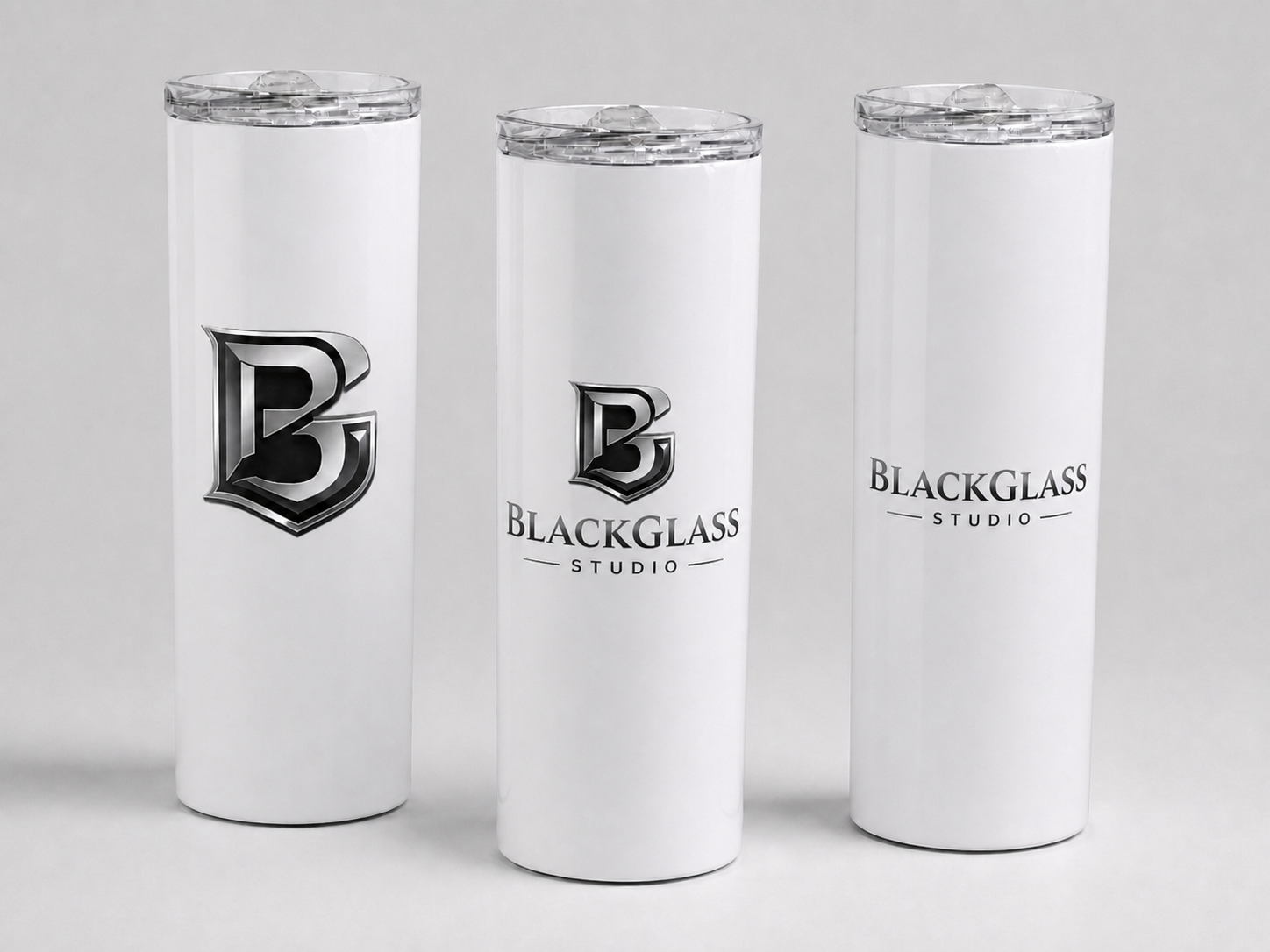 Black Glass tumblers with monogram, complete logo, and wordmark variations